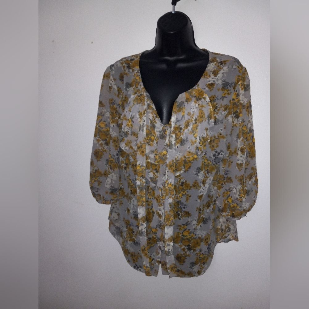 Elle Gray and yellow ruffle front floral blouse